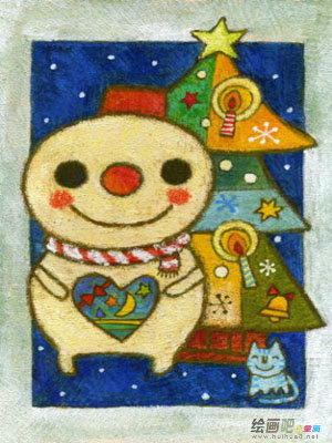蜡笔画：堆雪人