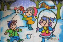 春节儿童画：打雪仗