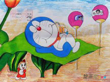 水彩画：休闲的机器猫水彩画