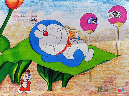 水粉画：休闲的机器猫