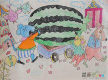 水彩画：小老鼠运西瓜