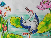 水彩画：游丹顶鹤自然保护区