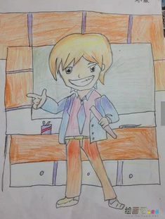 开心的小男孩卡通动漫人物彩铅画展示
