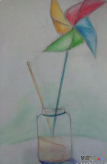 彩色铅笔画：玻璃瓶子里的纸风车彩铅画欣赏