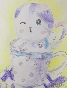 茶杯里的小猫咪彩铅动物画作品欣赏