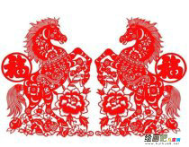 剪纸图案大全：马踏牡丹送福精美剪纸马