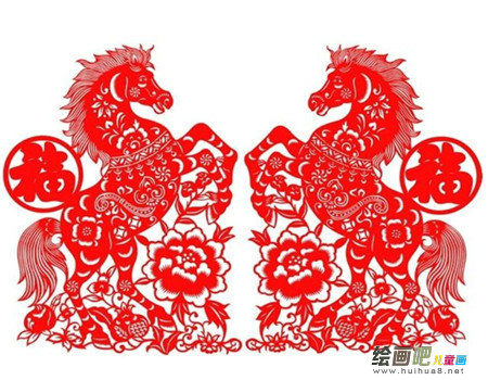 剪纸图案大全：马踏牡丹送福精美剪纸马