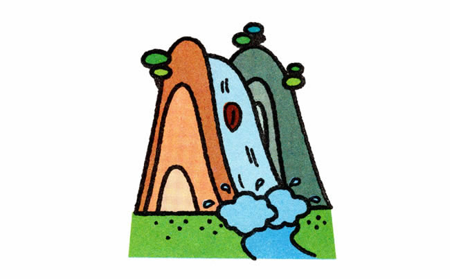 山上瀑布风景简笔画步骤图片大全