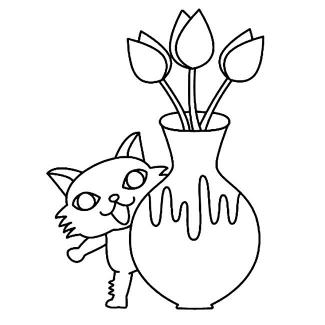 小猫和花瓶物品简笔画步骤图片大全