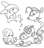 海底世界简笔画之鲨鱼珊瑚鱼和章鱼