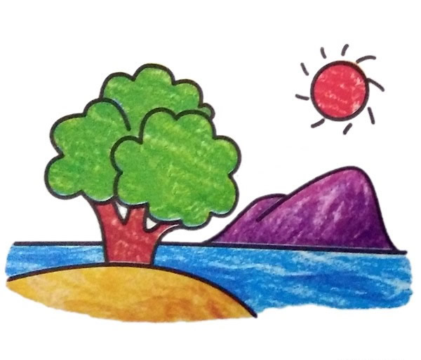 山水风景简笔画带颜色