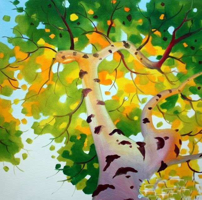 秋天的白桦树油画 秋天的儿童画作品欣赏