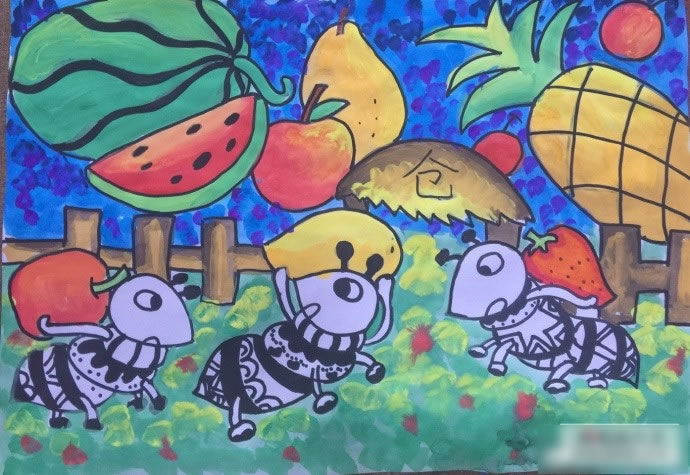 儿童画蚂蚁搬家图片/水粉画