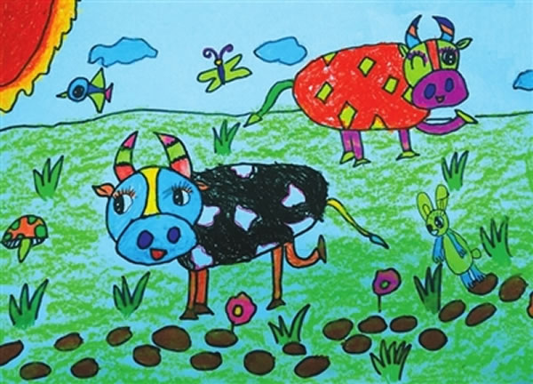 草原上的牛儿童画/蜡笔画图片