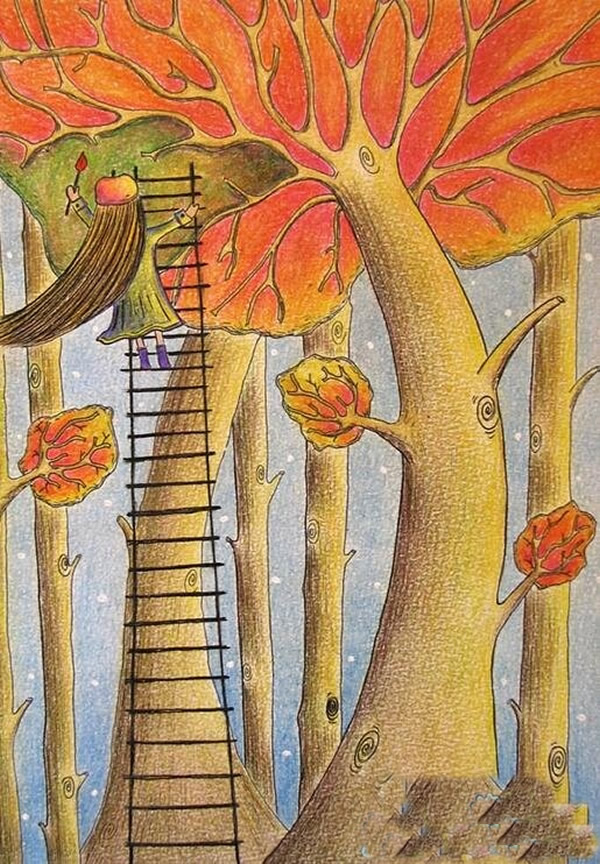 秋天的景色儿童画作品 秋姑娘来了