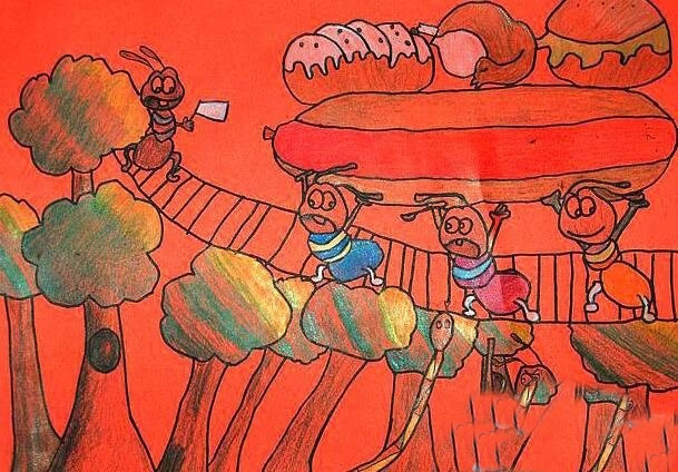 秋天丰收的景象儿童画 秋天到了蚂蚁忙着储备