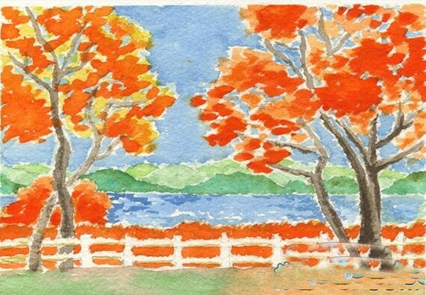 儿童画秋天公园的景色简笔画/水彩画图片