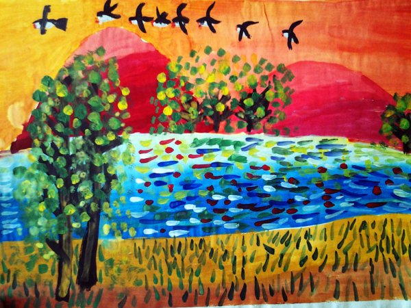 秋天的夕阳风景儿童画 秋天风景儿童画/水彩画图片