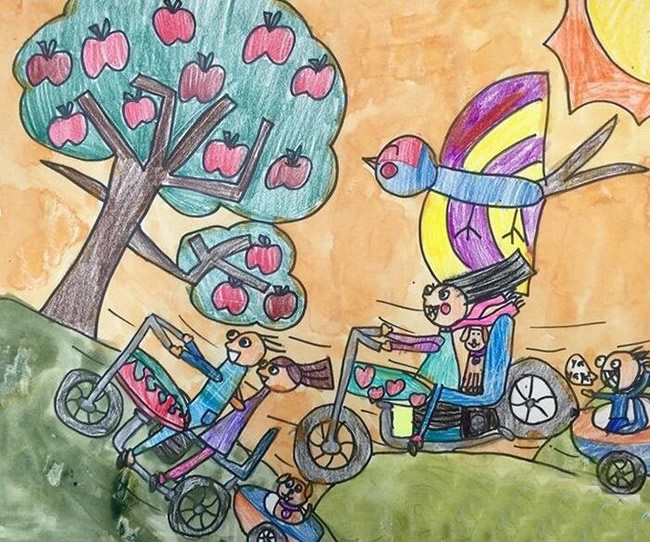 儿童画秋天的图画 去郊外摘苹果秋天幼儿画图片赏析