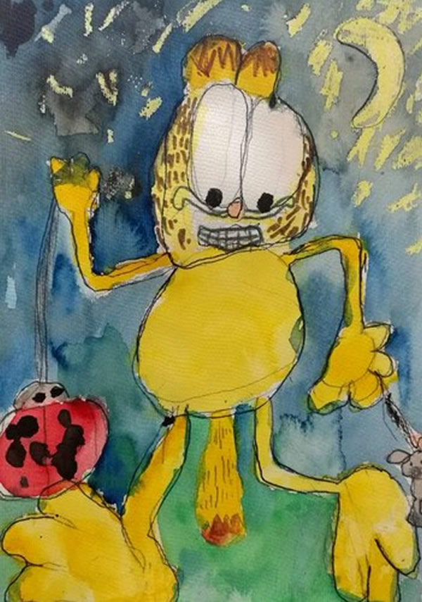 勤劳的加菲猫动物儿童画作品欣赏/水彩画图片