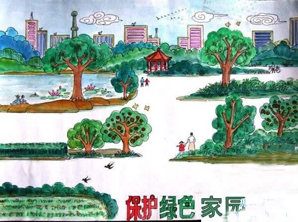 保护绿色家园儿童画优秀教师范画