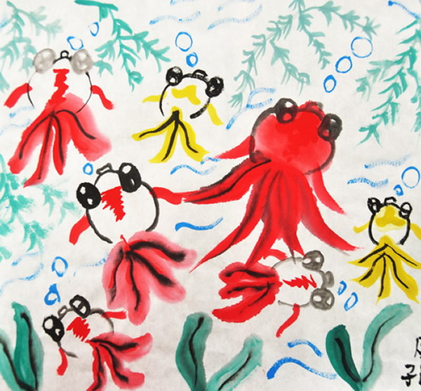 中国风儿童画作品欣赏_池塘里的小金鱼