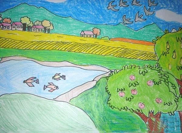 秋天的田野景色儿童画_三年级画秋天的图画有田野