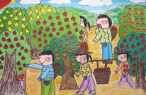 秋天果园丰收的景象儿童画_儿童画秋天的图画