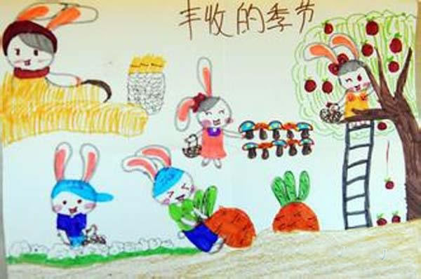 小学生儿童画秋天的图画_丰收的季节