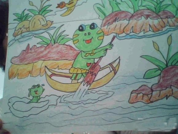 最简单儿童动物彩色铅笔画图片_划船的小青蛙