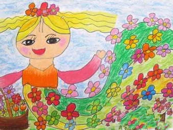 幼儿园大班春天儿童画作品图片:美丽的春姑娘