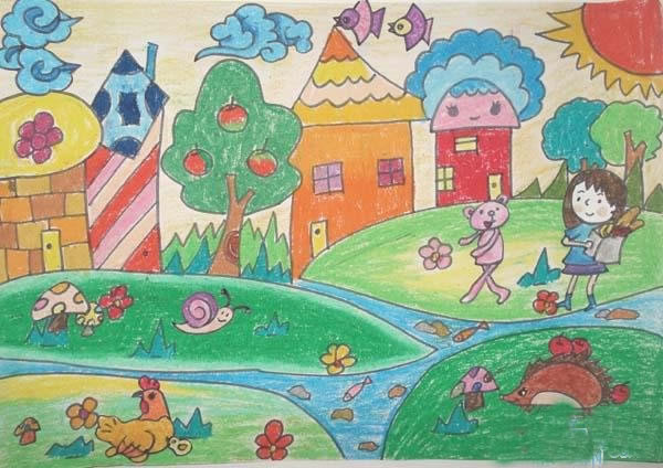 小学生儿童画绿色家园作品欣赏/蜡笔画图片