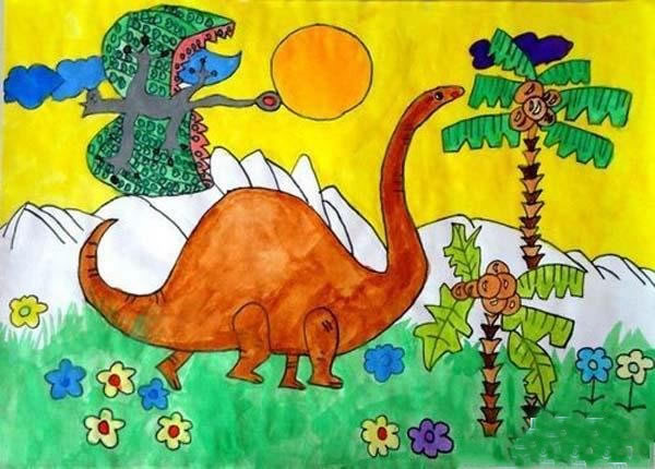 简单幼儿动物水彩画儿童画_恐龙世界
