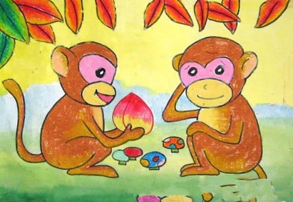 小猴子吃桃子儿童画_简单的猴子怎么画