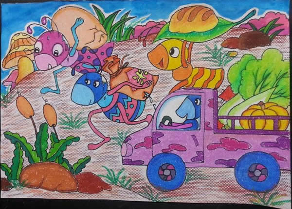 可爱的小动物儿童画：小蚂蚁运粮食