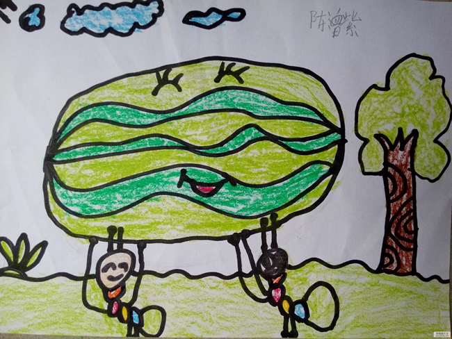 中班幼儿园绘画蚂蚁运粮儿童画_小蚂蚁力气大