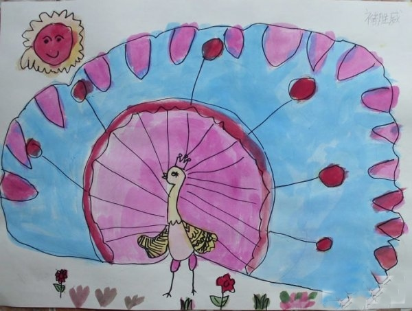 水彩孔雀儿童画美术作品:孔雀开屏