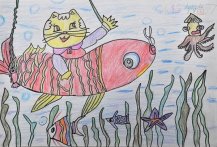 幼儿绘画小猫钓鱼儿童画