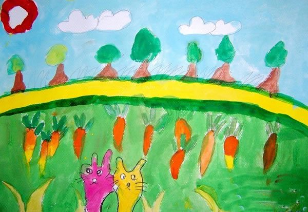 幼儿园小班动物水彩画儿童画欣赏:小兔子吃萝卜