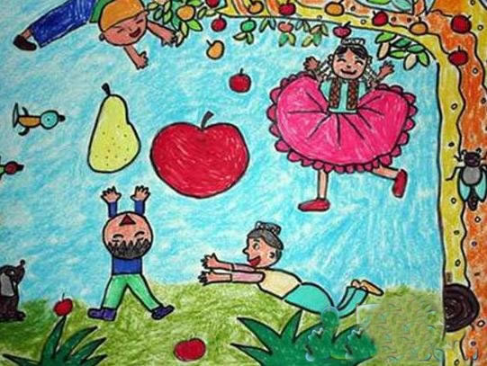 小学生优秀水彩画作品欣赏_秋天果园的儿童画