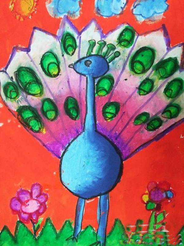 画一幅蜡笔画的孔雀_孔雀儿童画美术作品