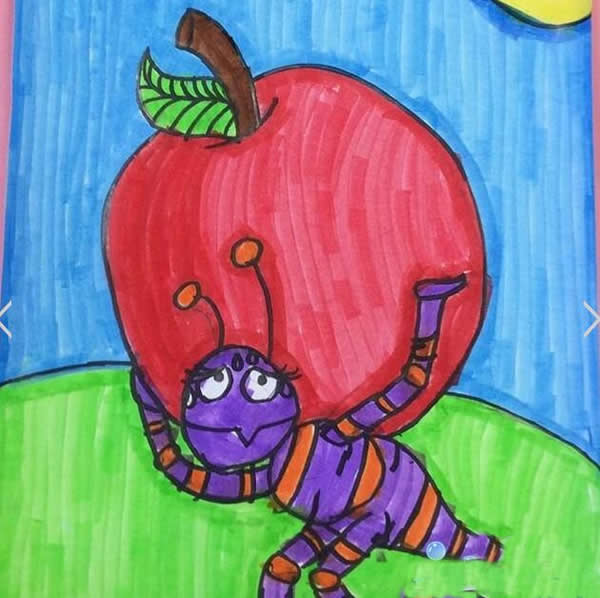 儿童动物场景水彩画作品欣赏_小蚂蚁搬苹果