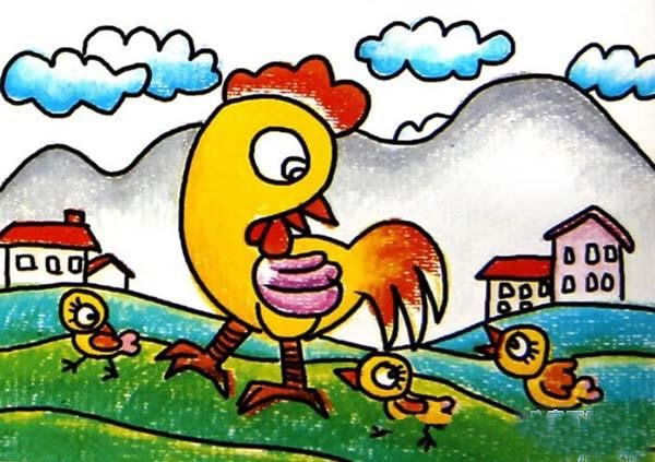 一年级优秀儿童画作品母鸡和小鸡/油画棒画图片