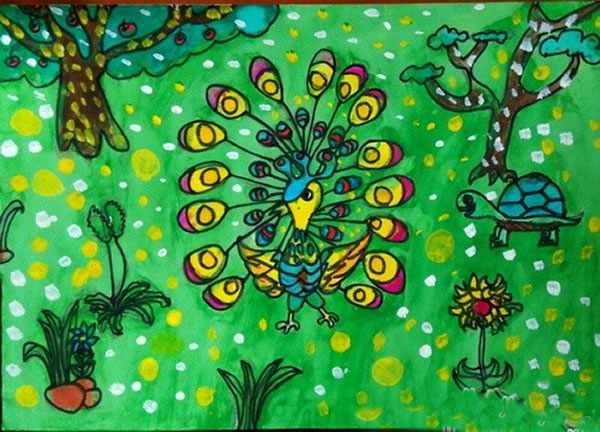 动物园里的孔雀儿童画_孔雀开屏/水粉画图片
