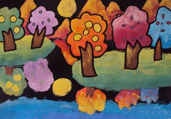 秋天丰收的果园风景儿童画_儿童画秋天景色绘画教学