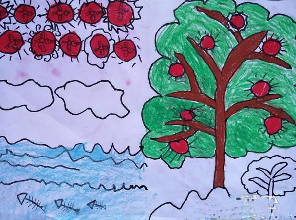 【儿童画秋天的苹果树】简单的苹果树怎么画/蜡笔画图片
