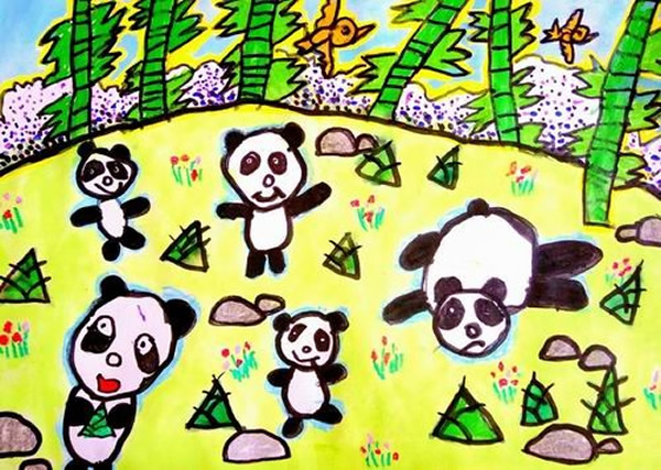 幼儿创意竹子熊猫画_可爱国宝小熊猫儿童画