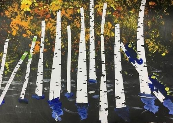 幼儿大班水粉画秋天的白桦林_关于秋天的风景画图片