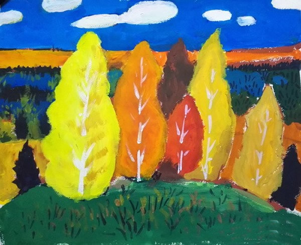 一年级儿童画秋天的树木景色作品_彩色的秋天