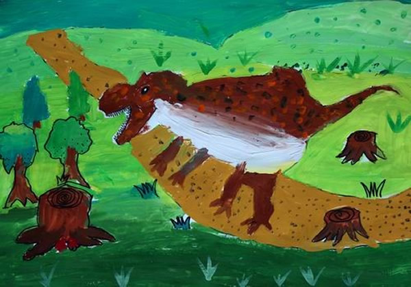 侏罗纪公园水粉儿童画作品欣赏:恐龙世界